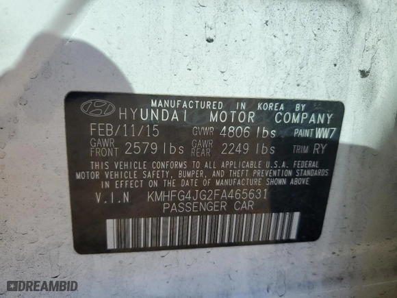 2015 Hyundai Azera with VIN KMHFG4JG2FA465631, listed as a Copart auction lot 68119514 with 94,862 mi miles and Salvage Title. Bid and sale history available at carsss.com. Image 15.
