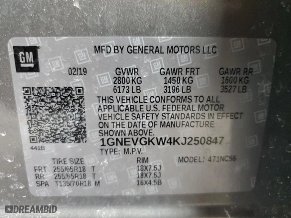 2019 Chevrolet Traverse LT Cloth with VIN 1GNEVGKW4KJ250847, listed as a Copart auction lot 47204175 with 58,805 mi miles and Salvage Title. Bid and sale history available at carsss.com. Image 13.