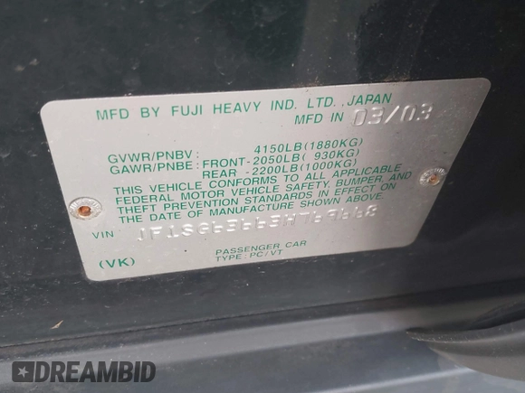 2003 Subaru Forester X with VIN JF1SG63663H769668, listed as a IAAI auction lot 41717060 with 50,428 mi miles. Bid and sale history available at carsss.com. Image 9.