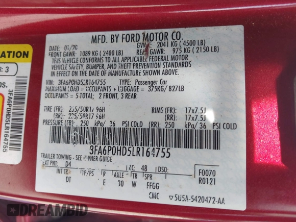 2020 Ford Fusion SE with VIN 3FA6P0HD5LR164755, listed as a IAAI auction lot 42092028 with 96,959 mi miles and . Bid and sale history available at DreamBid. Image 9.