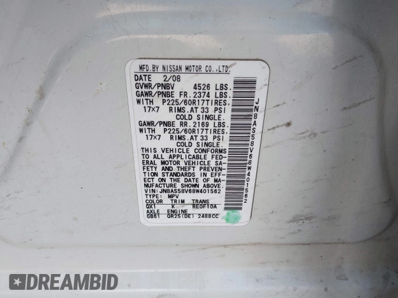 2008 Nissan Rogue SL with VIN JN8AS58V68W401562, listed as a IAAI auction lot 41909951 with 207,900 mi miles and . Bid and sale history available at DreamBid. Image 9.