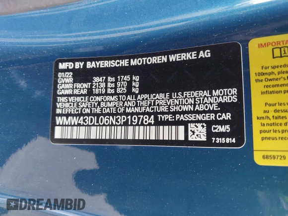 2022 MINI Convertible Cooper S z VIN WMW43DL06N3P19784, wystawiony jako IAAI lot #42635816 z przebiegiem 17 053 mil mil oraz . Historia ofert i sprzedaży dostępna na DreamBid. Obrazek 9.