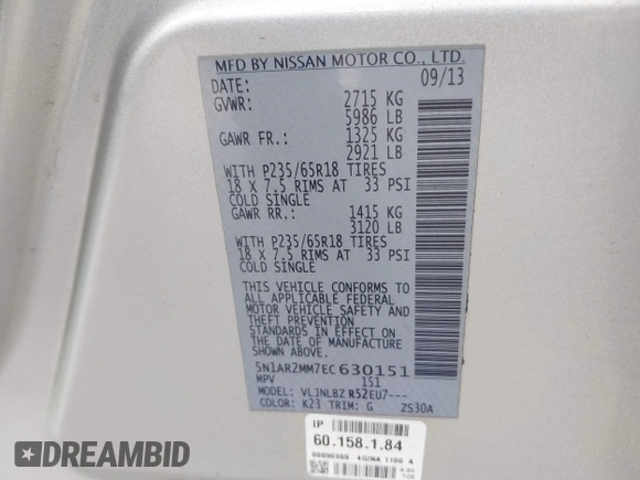 2014 Nissan Pathfinder SV with VIN 5N1AR2MM7EC630151, listed as a IAAI auction lot 42118516 with 165,431 mi miles. Bid and sale history available at carsss.com. Image 9.
