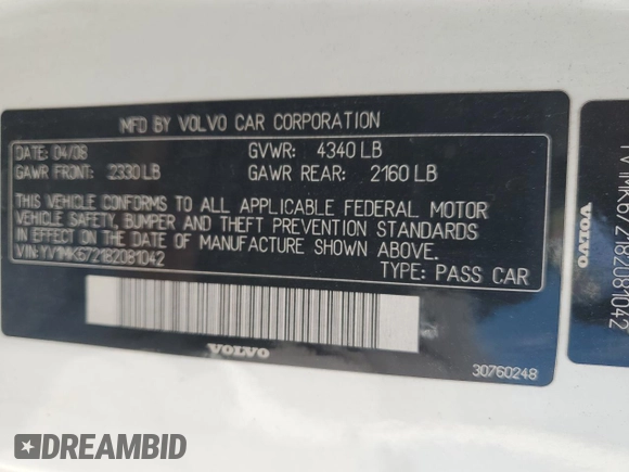 2008 Volvo C30 Version 1.0 with VIN YV1MK672182081042, listed as a Copart auction lot 49179575 with 181,636 mi miles and Clean Title. Bid and sale history available at DreamBid. Image 12.