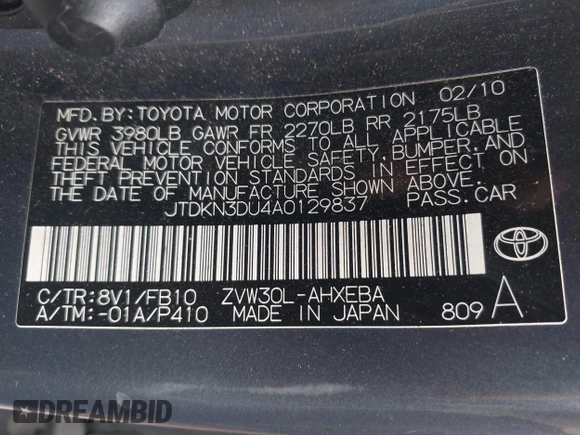 2010 Toyota Prius II with VIN JTDKN3DU4A0129837, listed as a IAAI auction lot 41593439 with 330,081 mi miles. Bid and sale history available at carsss.com. Image 9.