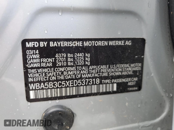 2014 BMW 5 Series 535i xDrive with VIN WBA5B3C5XED537318, listed as a Copart auction lot 55570655 with Not provided miles and Non repairable. Bid and sale history available at DreamBid. Image 13.