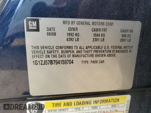 2009 Chevrolet Malibu 2LT with VIN 1G1ZJ57B794159704, listed as a Copart auction lot 53859415 with 206,962 mi miles and Clean Title. Bid and sale history available at DreamBid. Image 12.