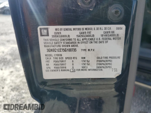 2005 Chevrolet Avalanche LS z VIN 3GNEC12Z75G100735, wystawiony jako Copart lot #51302585 z przebiegiem 219 115 mil mil oraz Czysty tytuł • Clean title. Historia ofert i sprzedaży dostępna na DreamBid. Obrazek 12.
