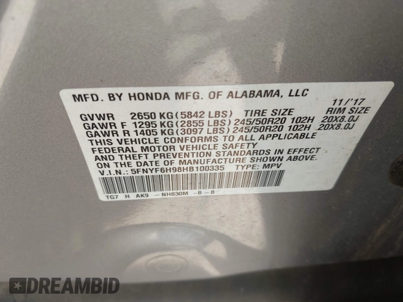 2017 Honda Pilot Touring with VIN 5FNYF6H98HB100335, listed as a IAAI auction lot 41907709 with 1 mi miles. Bid and sale history available at carsss.com. Image 9.