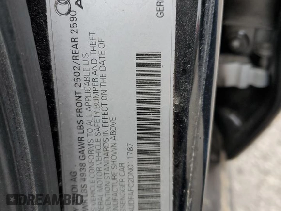 2013 Audi A6 Premium Plus with VIN WAUDFAFC2DN011787, listed as a Copart auction lot 58826175 with Not provided miles and Salvage title. Bid and sale history available at DreamBid. Image 12.