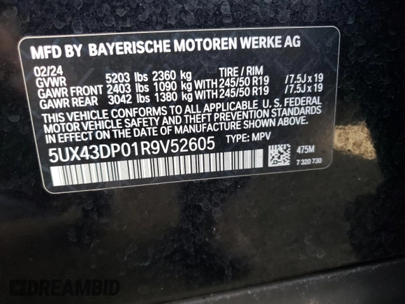 2024 BMW X3 sDrive30i with VIN 5UX43DP01R9V52605, listed as a Copart auction lot 52757335 with 20,403 mi miles and Clean Title. Bid and sale history available at DreamBid. Image 14.
