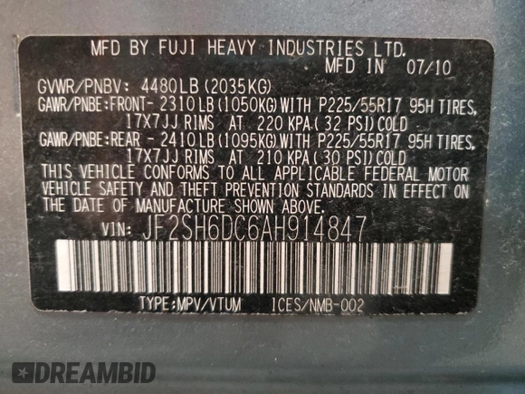 2010 Subaru Forester X Limited with VIN JF2SH6DC6AH914847, listed as a Copart auction lot 59267325 with 190,423 mi miles and Salvage title. Bid and sale history available at DreamBid. Image 13.