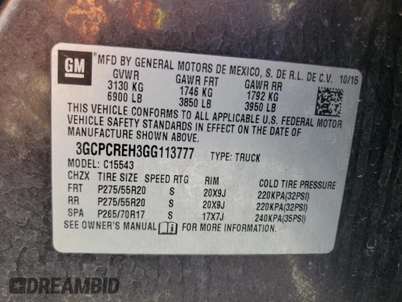 2016 Chevrolet Silverado 1500 LT with VIN 3GCPCREH3GG113777, listed as a Copart auction lot 52417655 with 139,991 mi miles and Salvage Title. Bid and sale history available at DreamBid. Image 12.