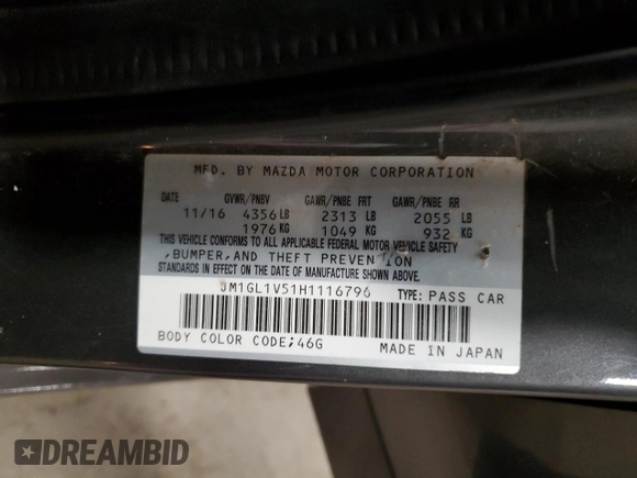 2017 Mazda 6 Touring with VIN JM1GL1V51H1116796, listed as a Copart auction lot 49315975 with 198,486 mi miles and Salvage Title. Bid and sale history available at DreamBid. Image 14.
