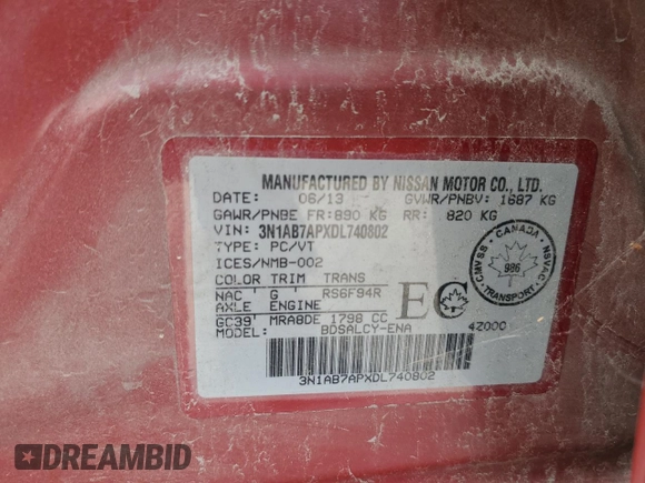 2013 Nissan Sentra SV with VIN 3N1AB7APXDL740802, listed as a Copart auction lot 85865554 with 225,392 mi miles and Salvage Title. Bid and sale history available at DreamBid. Image 12.