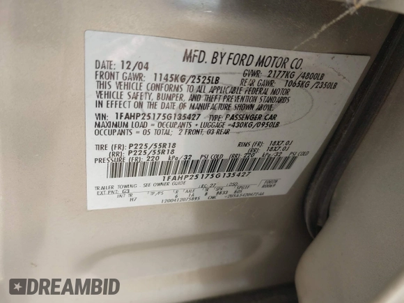 2005 Ford Five Hundred Limited with VIN 1FAHP25175G135427, listed as a IAAI auction lot 42383896 with 299,427 mi miles and . Bid and sale history available at DreamBid. Image 9.