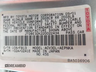 2002 Toyota Camry LE z VIN JTDBE32K220022434, wystawiony jako IAAI lot #42194752 z przebiegiem 168 955 mil mil oraz . Historia ofert i sprzedaży dostępna na DreamBid. Obrazek 9.