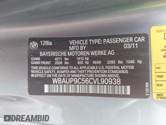 2012 BMW 1 Series 128i with VIN WBAUP9C56CVL90938, listed as a IAAI auction lot 42576072 with 135,234 mi miles and . Bid and sale history available at DreamBid. Image 9.