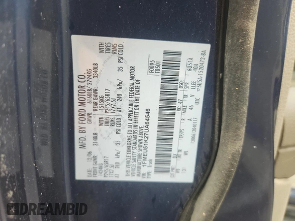 2007 Ford Explorer Sport Trac XLT with VIN 1FMEU51K27UA64546, listed as a Copart auction lot 59719865 with 183,192 mi miles and Salvage title. Bid and sale history available at DreamBid. Image 12.