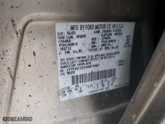 2004 Ford F-150 XLT with VIN 1FTPW12524KB15401, listed as a Copart auction lot 45197225 with 0 mi miles and Salvage Title. Bid and sale history available at carsss.com. Image 13.