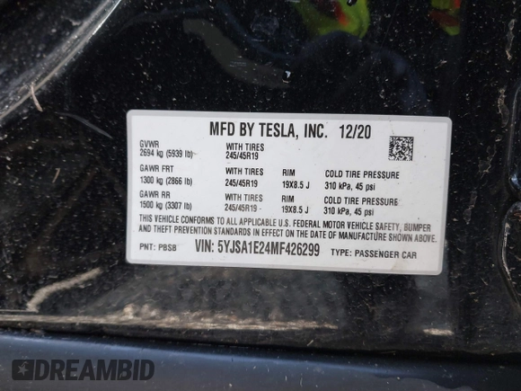2021 Tesla Model S Long Range Plus z VIN 5YJSA1E24MF426299, wystawiony jako IAAI lot #41673498 z przebiegiem 102 035 mil mil oraz . Historia ofert i sprzedaży dostępna na DreamBid. Obrazek 9.