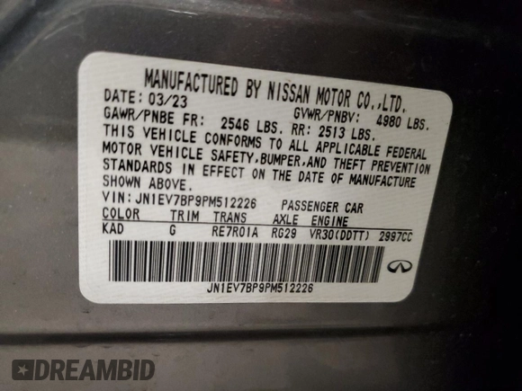 2023 Infiniti Q50 Luxe with VIN JN1EV7BP9PM512226, listed as a Copart auction lot 56002275 with 29,865 mi miles and Salvage title. Bid and sale history available at DreamBid. Image 13.
