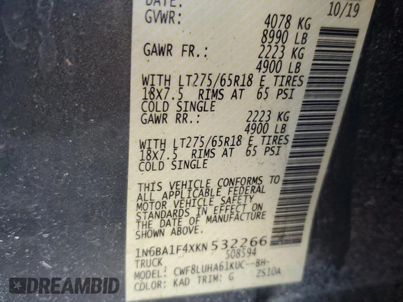 2019 Nissan Titan XD SV with VIN 1N6BA1F4XKN532266, listed as a Copart auction lot 77098244 with 105,965 mi miles and Salvage Title. Bid and sale history available at carsss.com. Image 12.