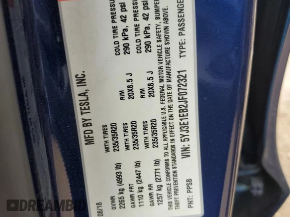 2018 Tesla Model 3 Long Range Battery with VIN 5YJ3E1EB2JF072321, listed as a Copart auction lot 51018825 with 110,494 mi miles and Salvage Title. Bid and sale history available at DreamBid. Image 15.