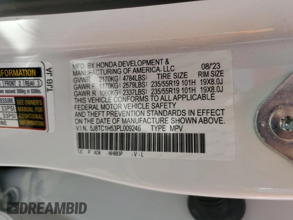 2023 Acura RDX Technology with VIN 5J8TC1H53PL009246, listed as a Copart auction lot 48107825 with Not provided miles and Salvage title. Bid and sale history available at DreamBid. Image 13.