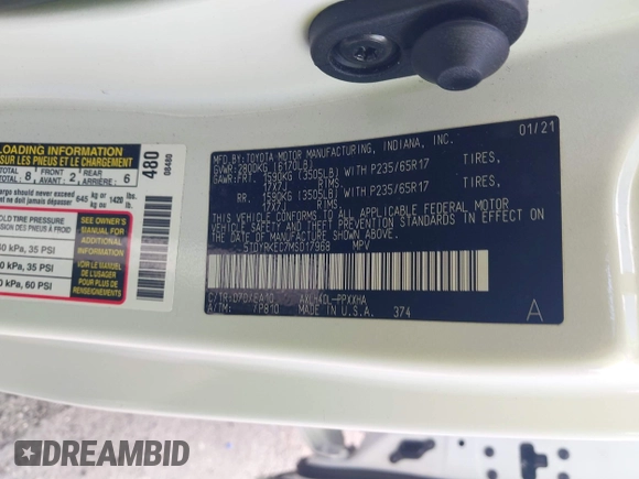 2021 Toyota Sienna XLE with VIN 5TDYRKEC7MS017968, listed as a IAAI auction lot 42145440 with 85,989 mi miles and . Bid and sale history available at DreamBid. Image 9.