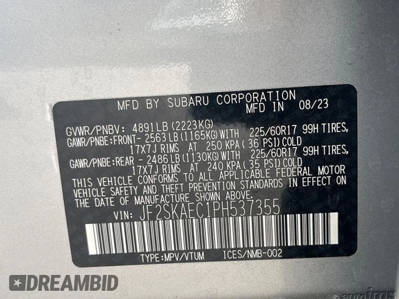 2023 Subaru Forester Premium с VIN JF2SKAEC1PH537355, выставлен на аукционе IAAI как лот 42656078 с пробегом 23 984 миль миль и . История ставок и продаж доступна на DreamBid. Изображение 12.