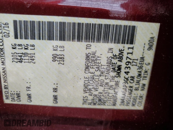 2016 Nissan Maxima SR z VIN 1N4AA6AP3GC439711, wystawiony jako Copart lot #55790285 z przebiegiem 94 680 mil mil oraz Szkoda całkowita • Salvage title. Historia ofert i sprzedaży dostępna na DreamBid. Obrazek 12.