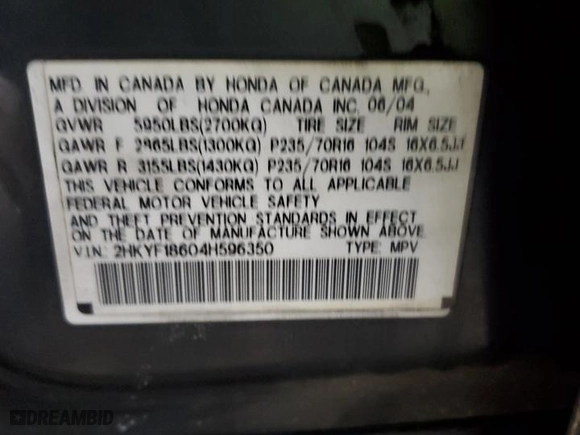 2004 Honda Pilot EX with VIN 2HKYF18604H596350, listed as a Copart auction lot 49782115 with 118,430 mi miles and Salvage Title. Bid and sale history available at carsss.com. Image 15.