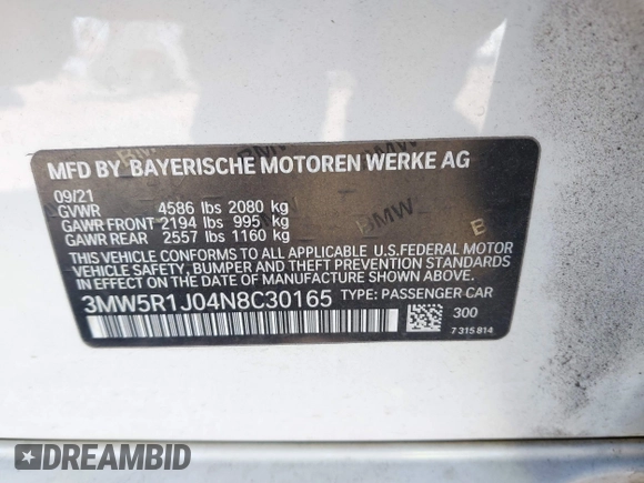 2022 BMW 3 Series 330i with VIN 3MW5R1J04N8C30165, listed as a IAAI auction lot 41412370 with 49,015 mi miles and . Bid and sale history available at DreamBid. Image 9.