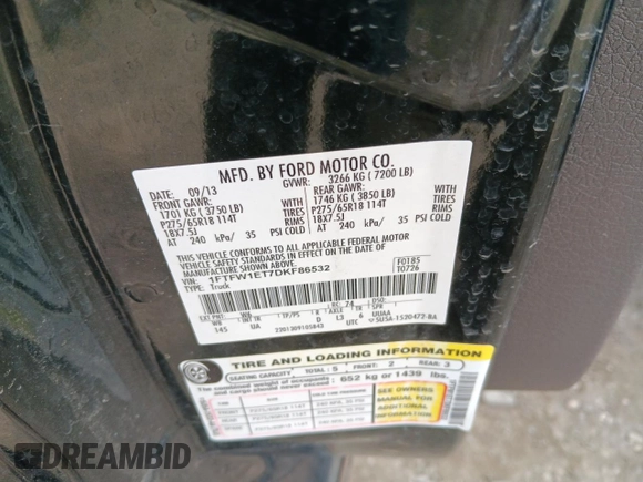 2013 Ford F-150 XL with VIN 1FTFW1ET7DKF86532, listed as a Copart auction lot 57593085 with 128,269 mi miles and Salvage title. Bid and sale history available at DreamBid. Image 13.