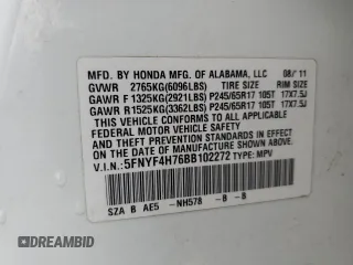 2011 Honda Pilot EX-L with VIN 5FNYF4H76BB102272, listed as a Copart auction lot 60325085 with 274,662 mi miles and Salvage title. Bid and sale history available at DreamBid. Image 13.
