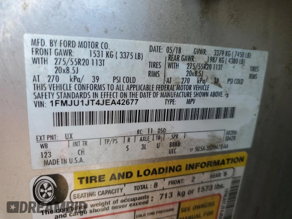 2018 Ford Expedition XLT with VIN 1FMJU1JT4JEA42677, listed as a Copart auction lot 58957205 with 144,611 mi miles and Salvage title. Bid and sale history available at DreamBid. Image 13.