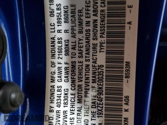 2019 Honda Insight Touring with VIN 19XZE4F90KE003576, listed as a Copart auction lot 52188155 with 52,457 mi miles and Salvage Title. Bid and sale history available at DreamBid. Image 13.
