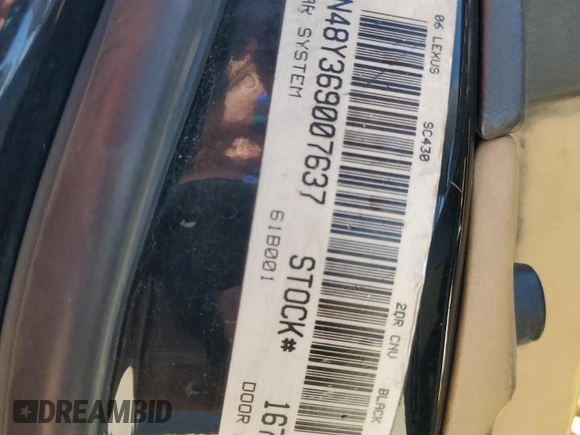 2006 Lexus SC 430 with VIN JTHFN48Y369007637, listed as a Copart auction lot 61669905 with 193,870 mi miles and Salvage title. Bid and sale history available at DreamBid. Image 12.