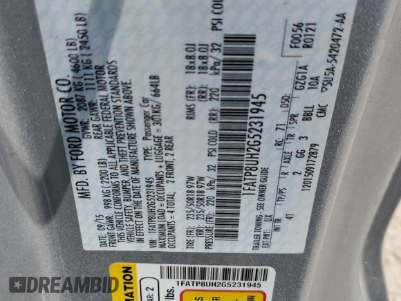 2016 Ford Mustang EcoBoost Premium with VIN 1FATP8UH2G5231945, listed as a Copart auction lot 61928145 with 66,498 mi miles and Salvage title. Bid and sale history available at DreamBid. Image 12.