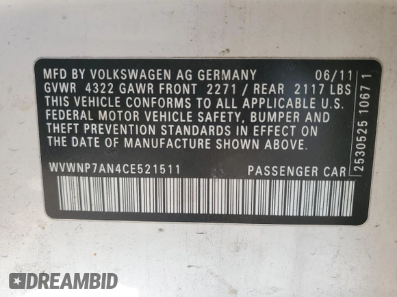 2012 Volkswagen CC Sport PZEV with VIN WVWNP7AN4CE521511, listed as a Copart auction lot 46546405 with 154,756 mi miles and Clean Title. Bid and sale history available at carsss.com. Image 12.