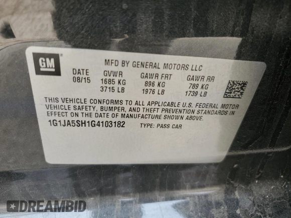 2016 Chevrolet Sonic LS z VIN 1G1JA5SH1G4103182, wystawiony jako Copart lot #59205495 z przebiegiem 107 537 mil mil oraz Szkoda całkowita • Salvage title. Historia ofert i sprzedaży dostępna na DreamBid. Obrazek 12.