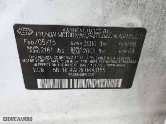 2015 Hyundai Elantra SE with VIN 5NPDH4AE8FH643185, listed as a Copart auction lot 47846705 with 120,877 mi miles and Salvage Title. Bid and sale history available at carsss.com. Image 12.