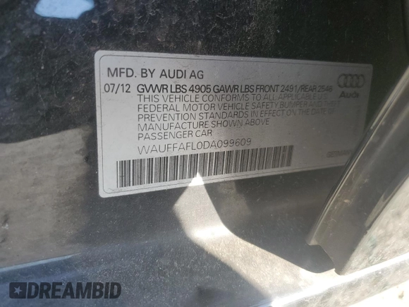 2013 Audi A4 Premium Plus with VIN WAUFFAFL0DA099609, listed as a Copart auction lot 49944835 with 92,478 mi miles and Salvage Title. Bid and sale history available at carsss.com. Image 13.