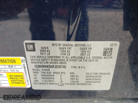 2015 Chevrolet Traverse LT with VIN 1GNKRHKD4FJ296745, listed as a IAAI auction lot 42334324 with 139,386 mi miles and . Bid and sale history available at DreamBid. Image 9.