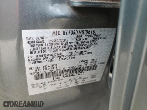 2008 Ford Taurus Limited with VIN 1FAHP25W38G133707, listed as a Copart auction lot 74853624 with 131,036 mi miles and Salvage Title. Bid and sale history available at carsss.com. Image 12.