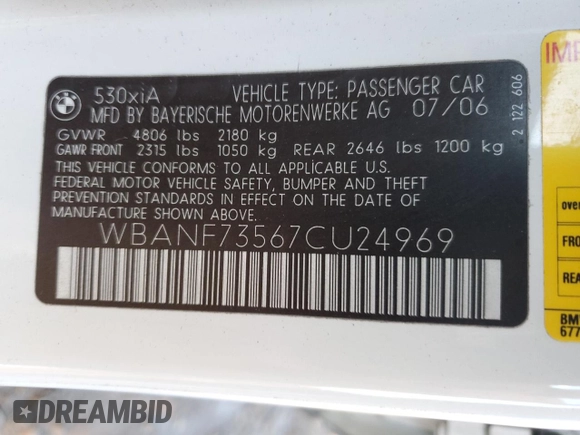 2007 BMW 5 Series 530xi with VIN WBANF73567CU24969, listed as a Copart auction lot 77859734 with 251,508 mi miles and Salvage Title. Bid and sale history available at carsss.com. Image 12.