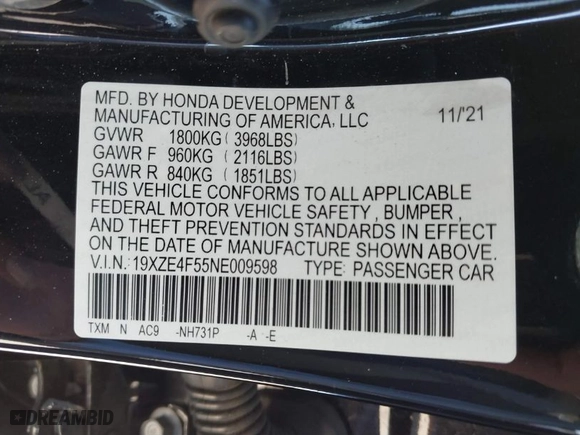 2022 Honda Insight EX with VIN 19XZE4F55NE009598, listed as a IAAI auction lot 41871566 with 82,758 mi miles. Bid and sale history available at carsss.com. Image 9.