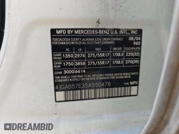 2005 Mercedes-Benz M 350 with VIN 4JGAB57E35A550478, listed as a Copart auction lot 62419825 with 194,395 mi miles and Clean title. Bid and sale history available at DreamBid. Image 10.
