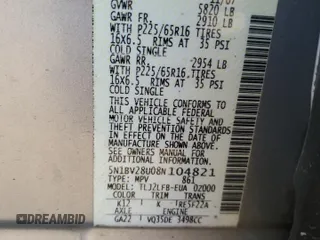 2008 Nissan Quest with VIN 5N1BV28U08N104821, listed as a Copart auction lot 76775434 with 0 mi miles and Non Repairable. Bid and sale history available at carsss.com. Image 13.